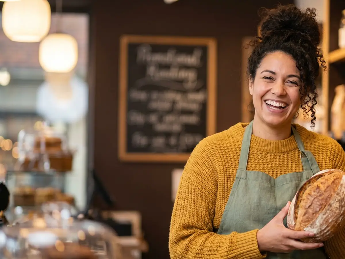 A smiling baker holding a fresh loaf in her bakery