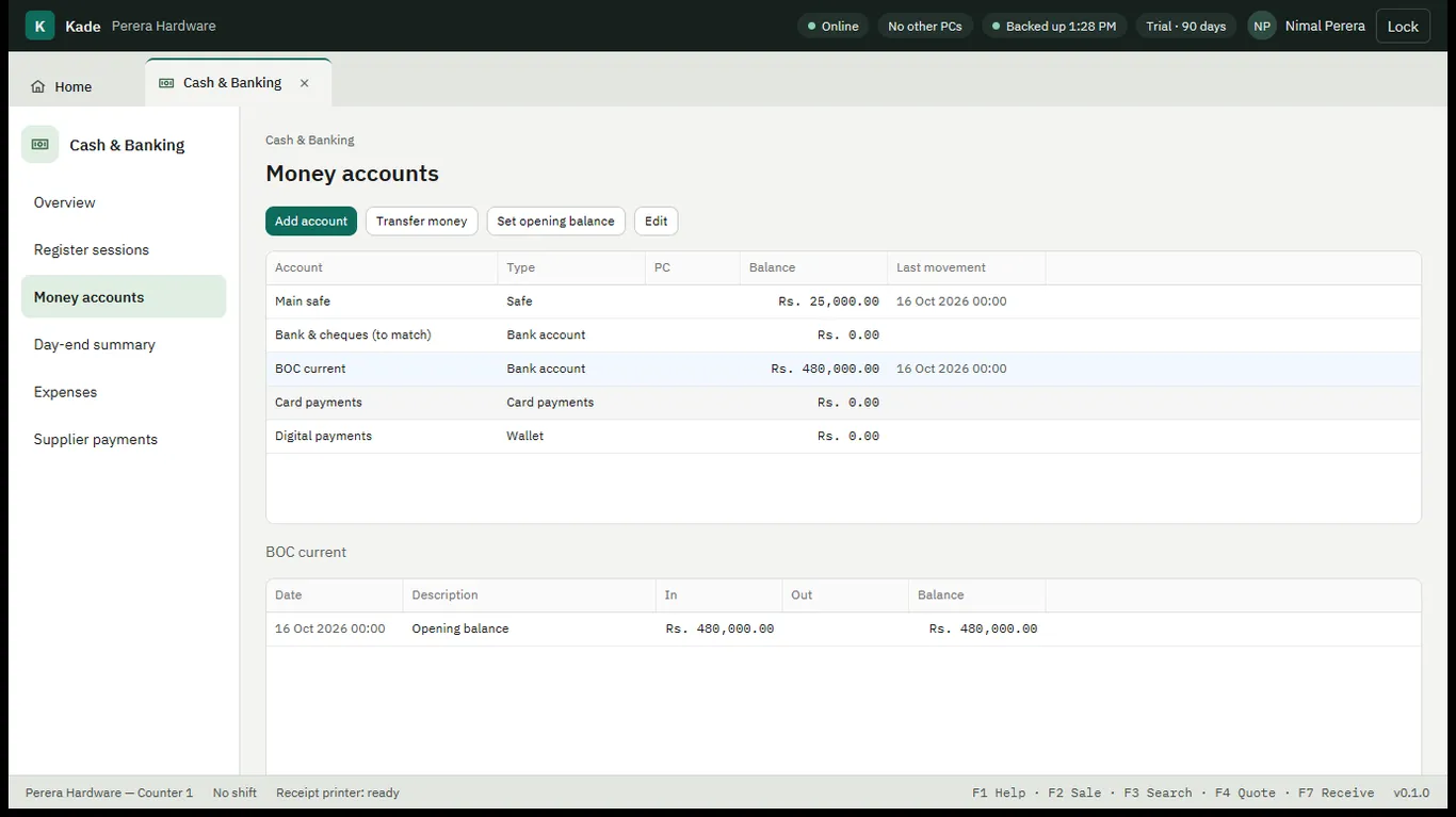 Money accounts list with a safe, bank accounts and digital wallets and their balances