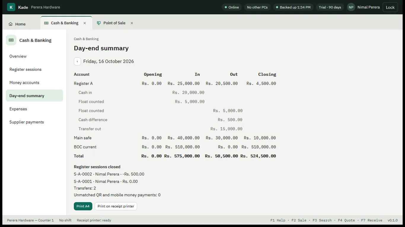Day-end summary showing opening, in, out and closing amounts for each money account