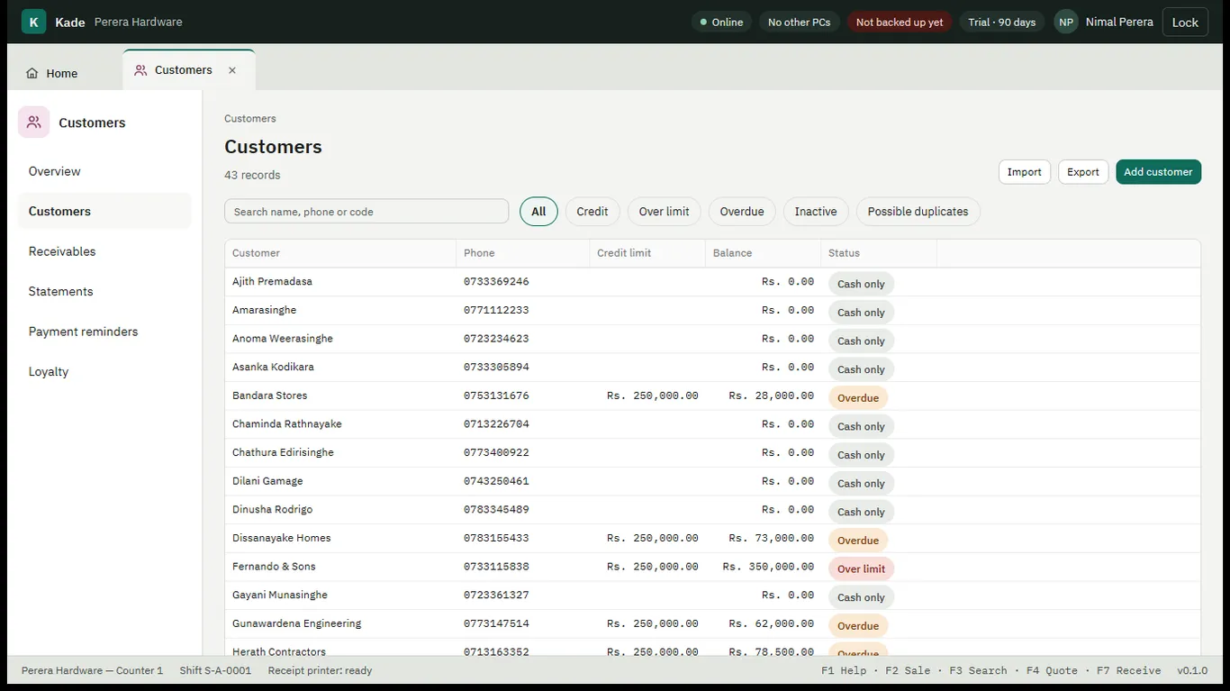 Customer list with credit limits, balances and statuses such as overdue and over limit