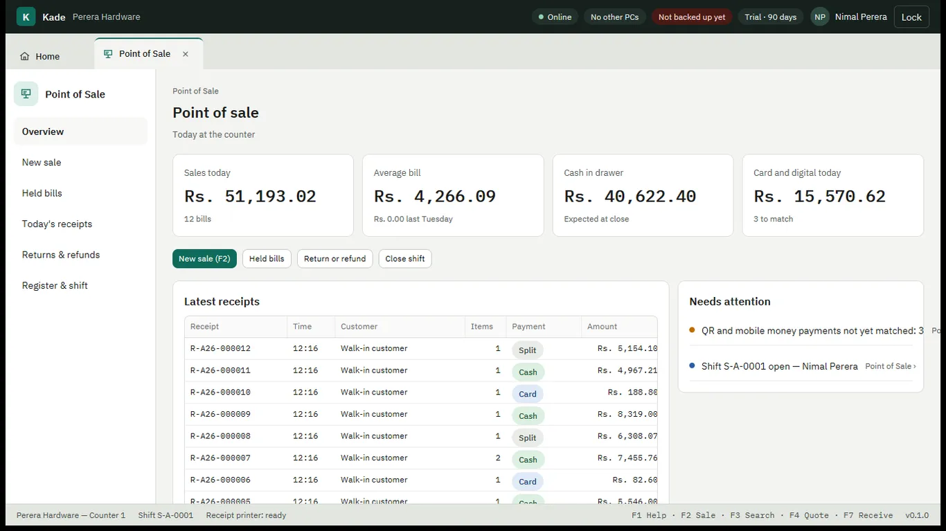 Point of sale overview showing sales today, average bill, cash in drawer and a list of the latest receipts