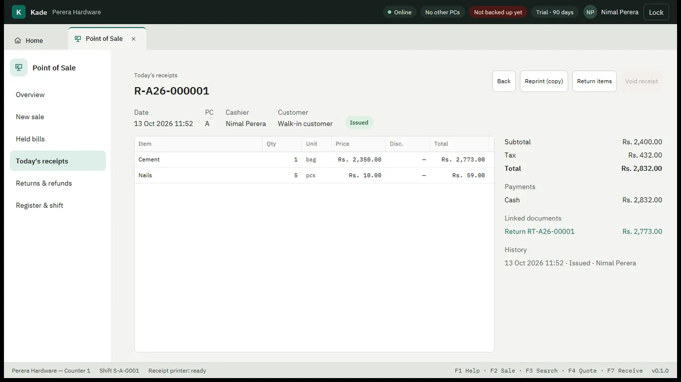 A receipt with its items, tax, payments and a linked return, with reprint and return buttons