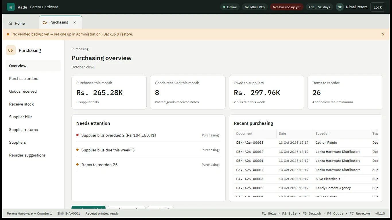 Purchasing overview with purchases this month, amount owed to suppliers and items to reorder