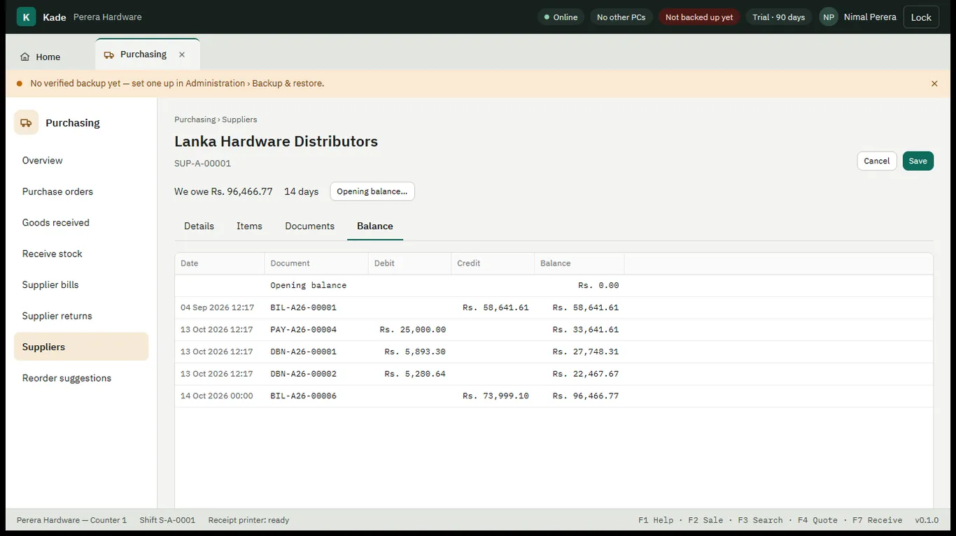 A supplier's balance ledger showing bills, payments and debit notes with a running balance