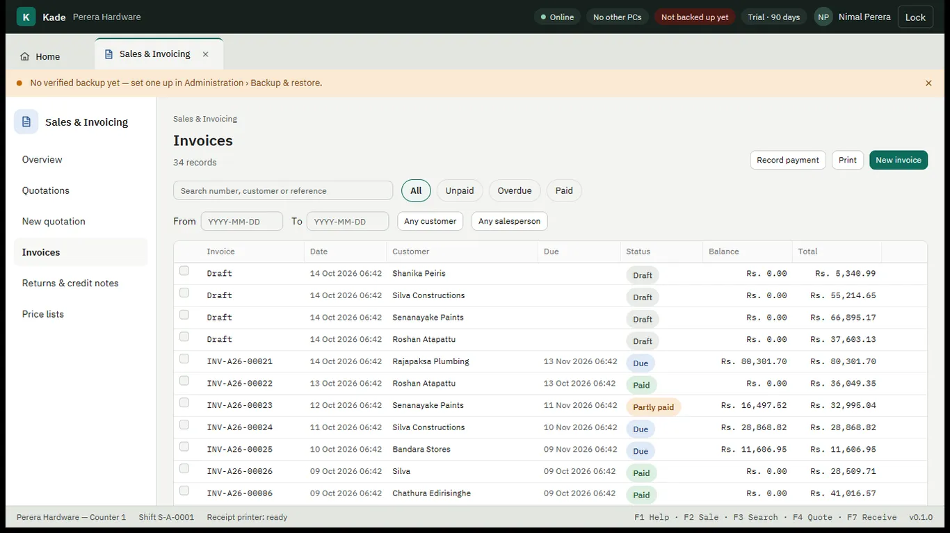 Invoices list with due, paid and part-paid statuses and outstanding balances per customer